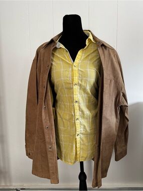 Classic Brown Suede Trench Coat with Yellow Plaid Shirt